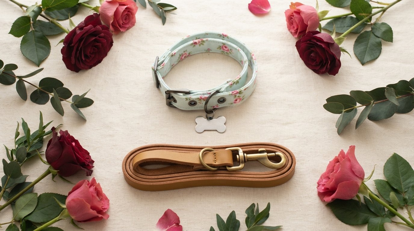A mint collar printed with pink roses and a tan leather leash, laid out on cream linen among cut roses