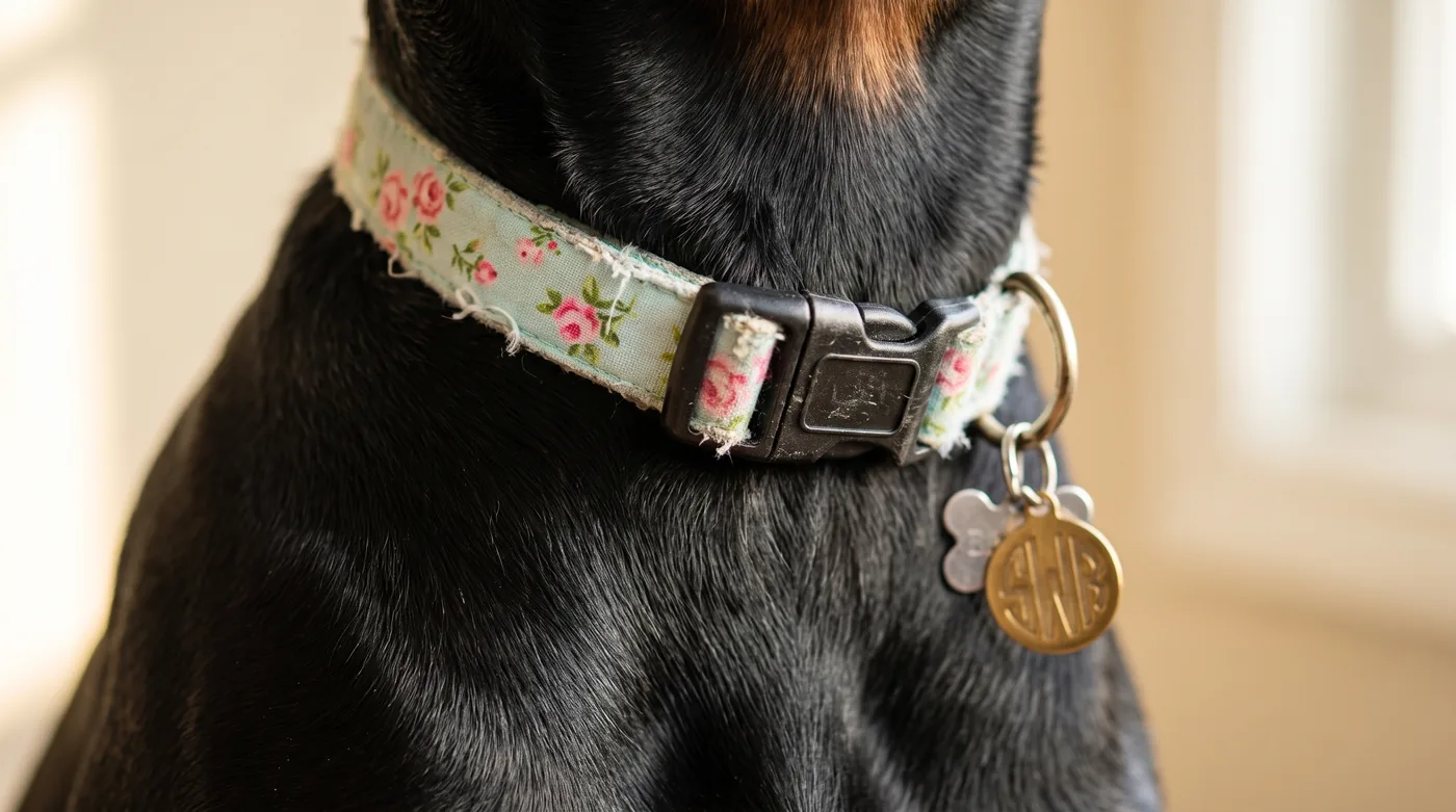 A stylized close-up of the mint floral collar worn around a black-coated neck, tags on the ring